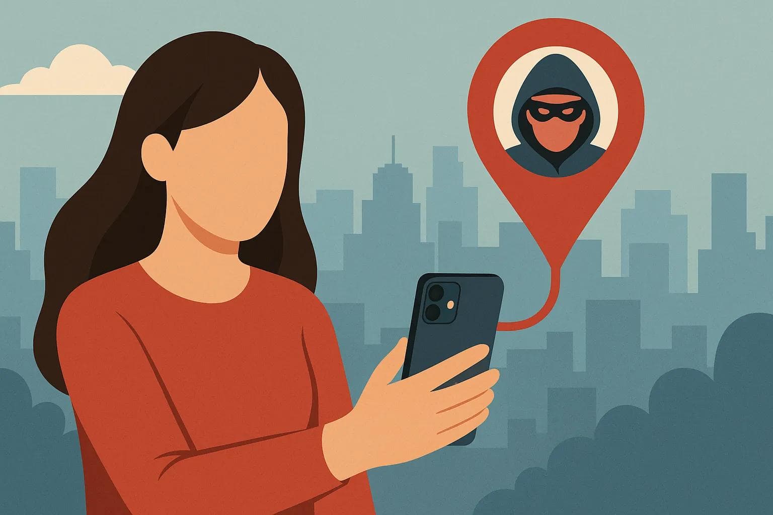 A faceless woman taking a selfie, with a GPS pin connecting to a hooded figure symbolizing location tracking risk.