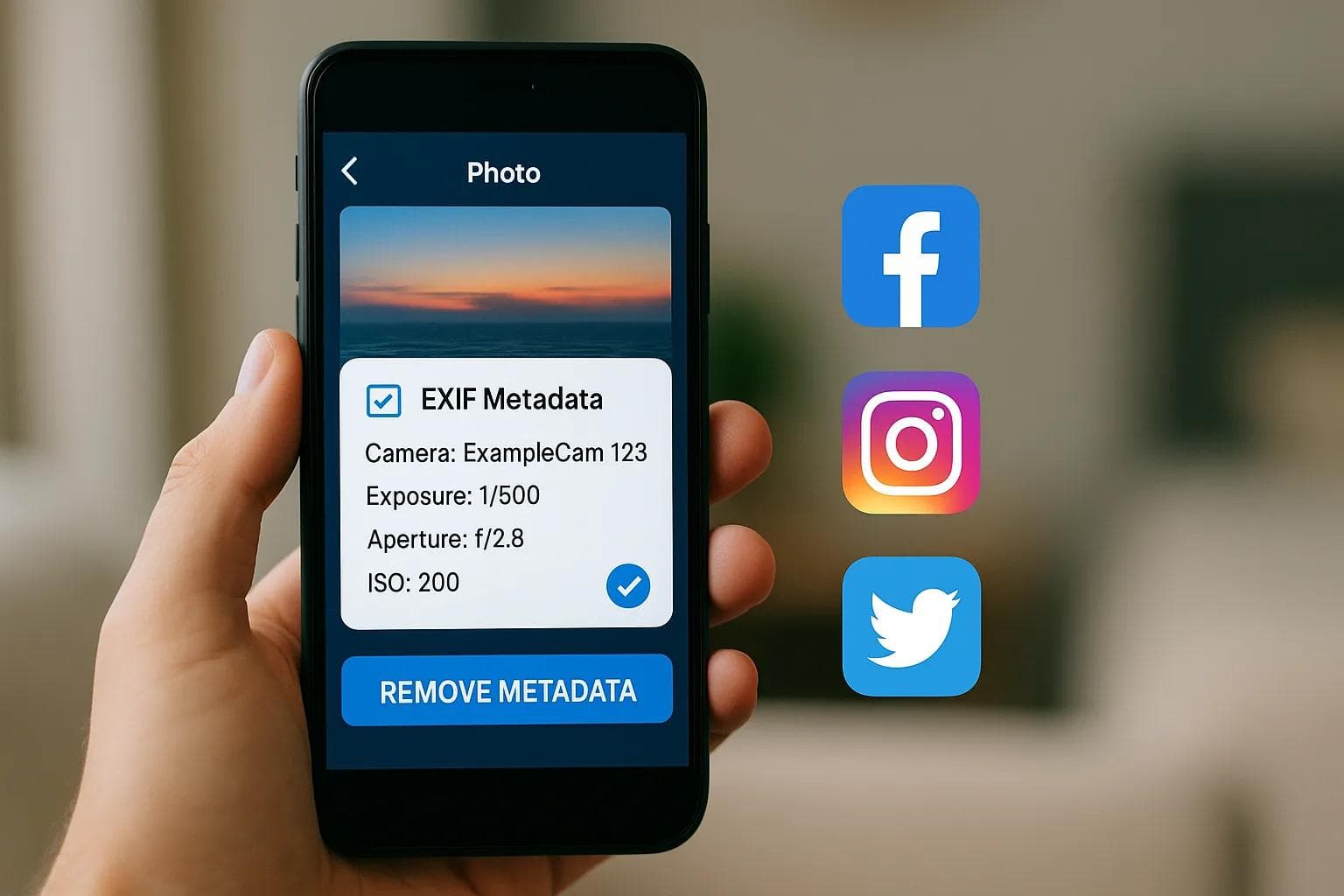 Smartphone photo upload showing EXIF metadata being removed before sharing on social media.